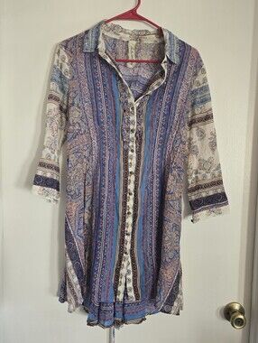 Aratta Silent Journey Blue Floral Cotton Long Sleeve Corset Back Tunic Blouse S
